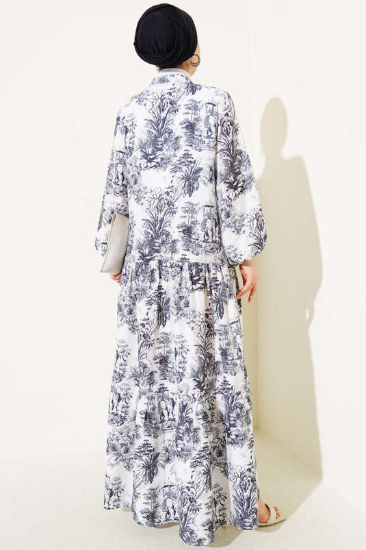 Filli Çiçek Desenli Viskon Elbise Siyah