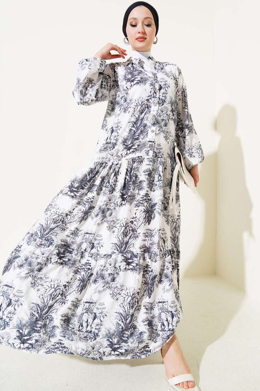 Filli Çiçek Desenli Viskon Elbise Siyah