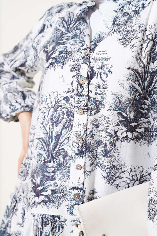 Filli Çiçek Desenli Viskon Elbise Siyah