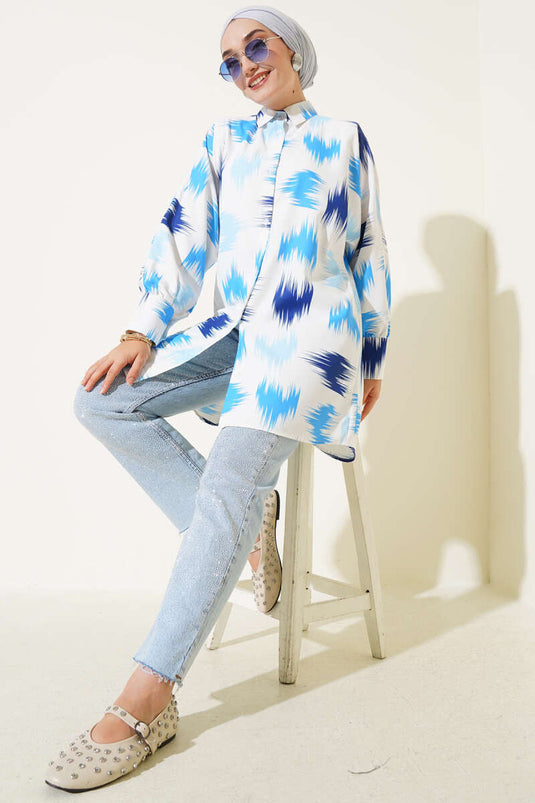 قميص أزرق منقوش بفرشاة معصم