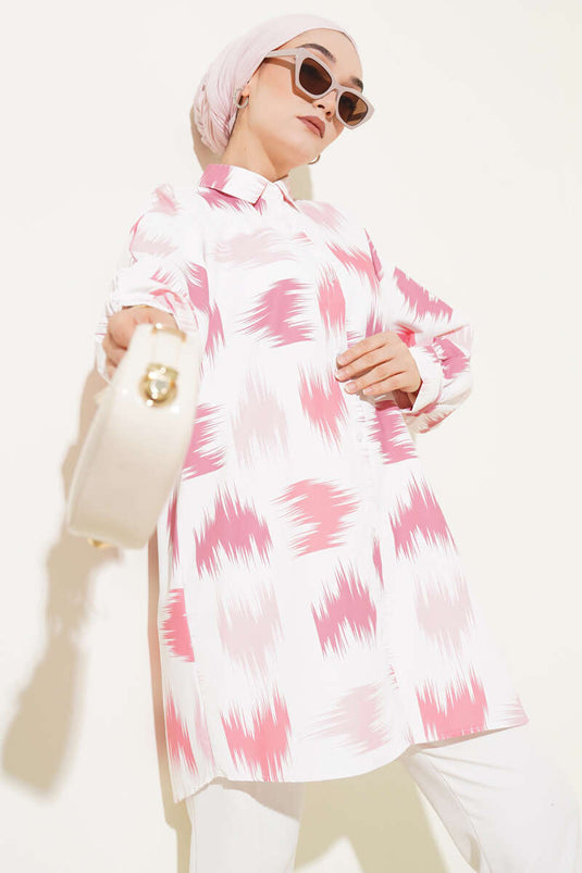 Fırça Desenli Bilek Manşetli Gömlek Pembe