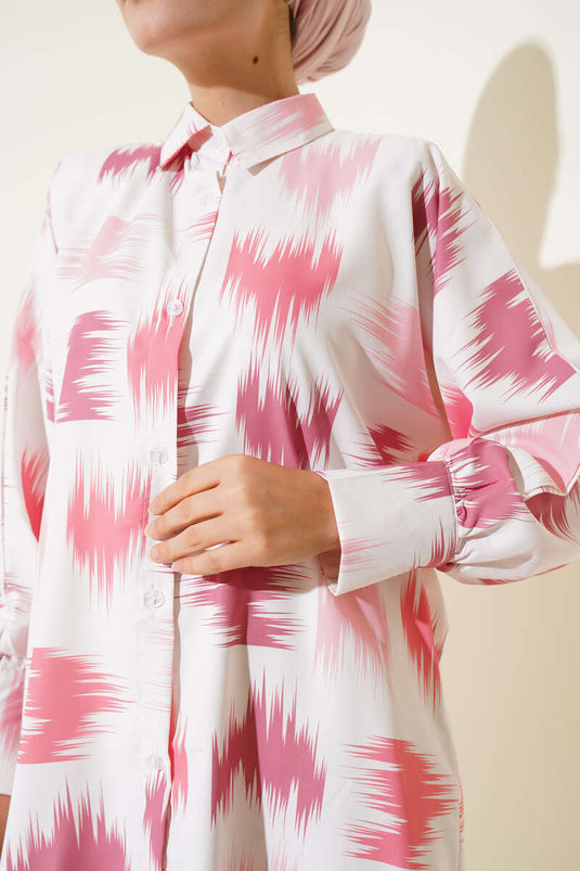 Fırça Desenli Bilek Manşetli Gömlek Pembe