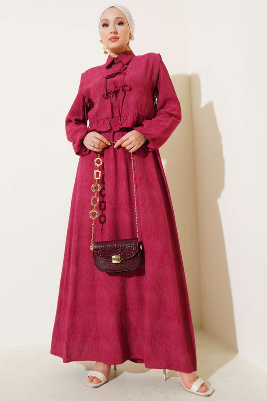 فستان بوليرون بكشكشة وربطة عنق حبلية، لون عنابي