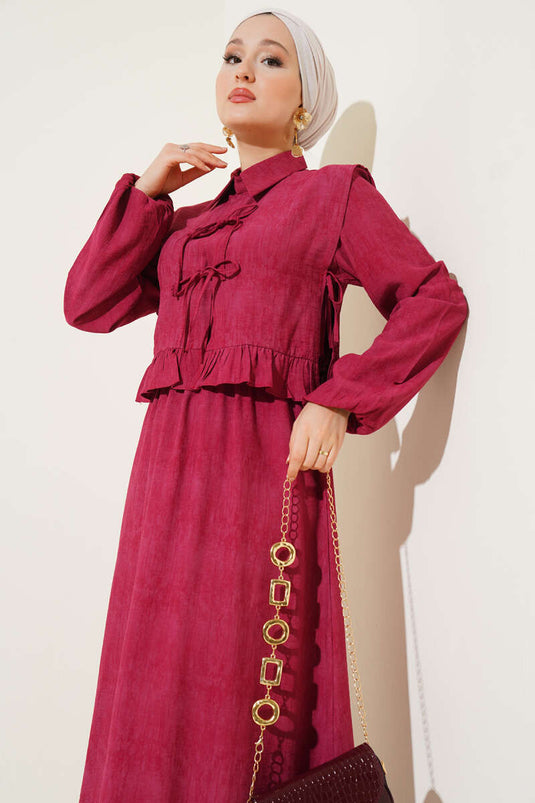 فستان بوليرون بكشكشة وربطة عنق حبلية، لون عنابي