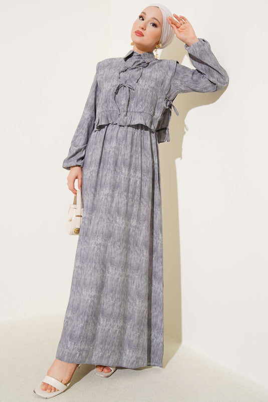 فستان بوليرون بكشكشة وربطة حبل باللون الرمادي