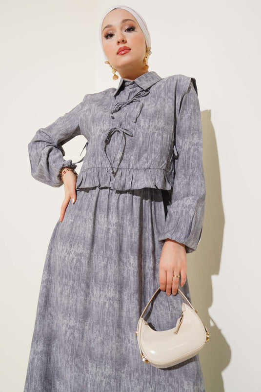 فستان بوليرون بكشكشة وربطة حبل باللون الرمادي