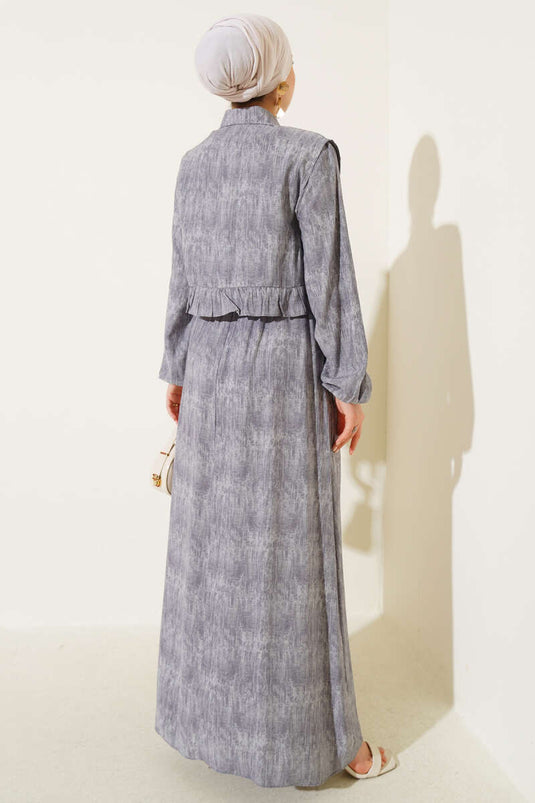 فستان بوليرون بكشكشة وربطة حبل باللون الرمادي