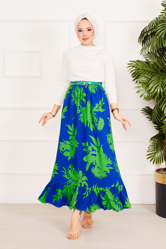 تنورة منقوشة بكشكشة باللون الأزرق الداكن