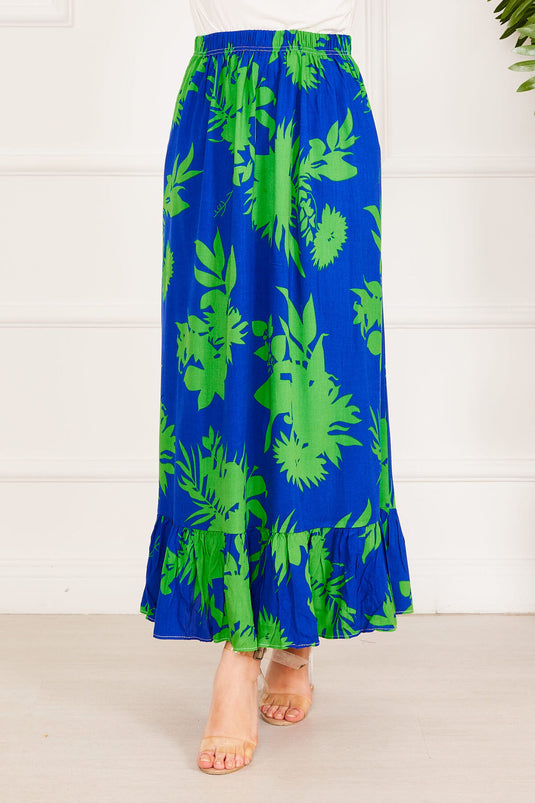 تنورة منقوشة بكشكشة باللون الأزرق الداكن