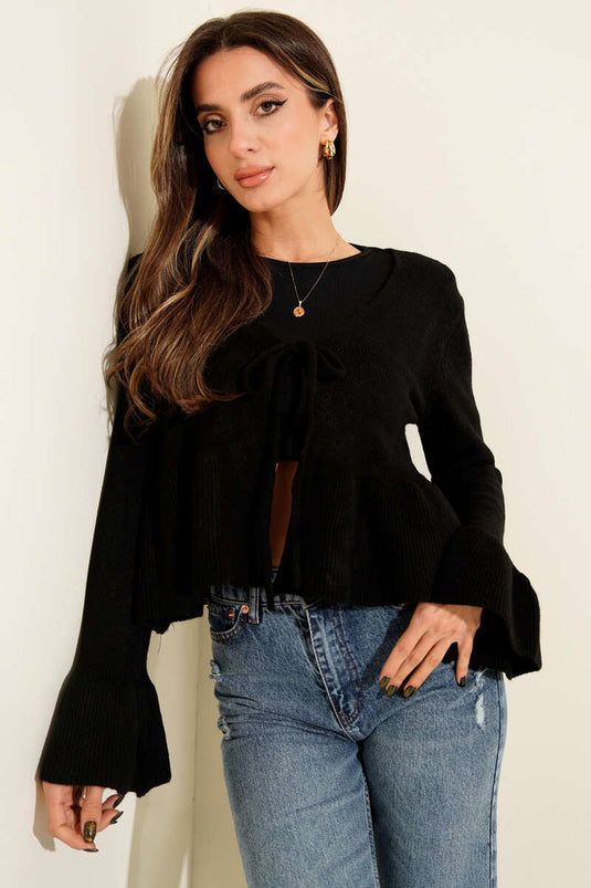 كارديجان أسود محبوك برباط وتفاصيل كشكشة