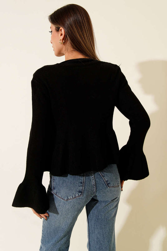 Fırfır Detaylı Bağlamalı Triko Hırka Siyah