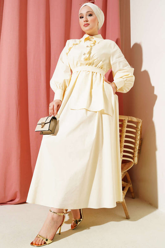 Ruffle Detailed Elastic Waist Buttoned Dress in Ecru