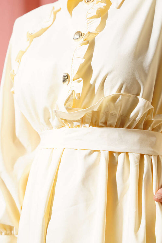 Ruffle Detailed Elastic Waist Buttoned Dress in Ecru
