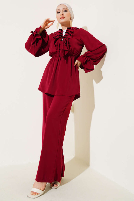 Fırfır Detaylı Bel Lastikli İkili Takım Bordo