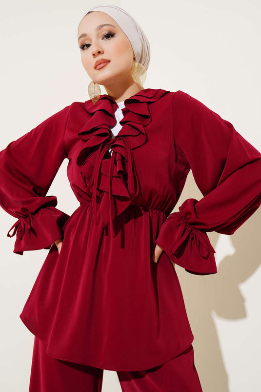 Fırfır Detaylı Bel Lastikli İkili Takım Bordo