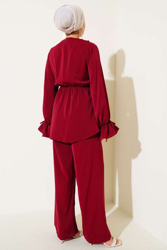 Fırfır Detaylı Bel Lastikli İkili Takım Bordo