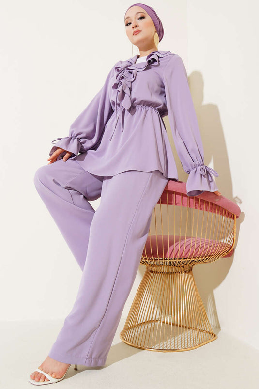 Ruffle Detailed Elastic Waist Two Piece Suit Lilac