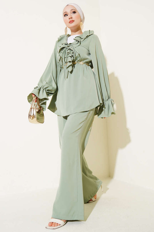 Ensemble deux pièces à volants et taille élastique, couleur menthe