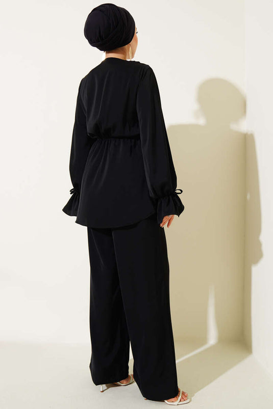 Ensemble deux pièces à volants et taille élastique noir