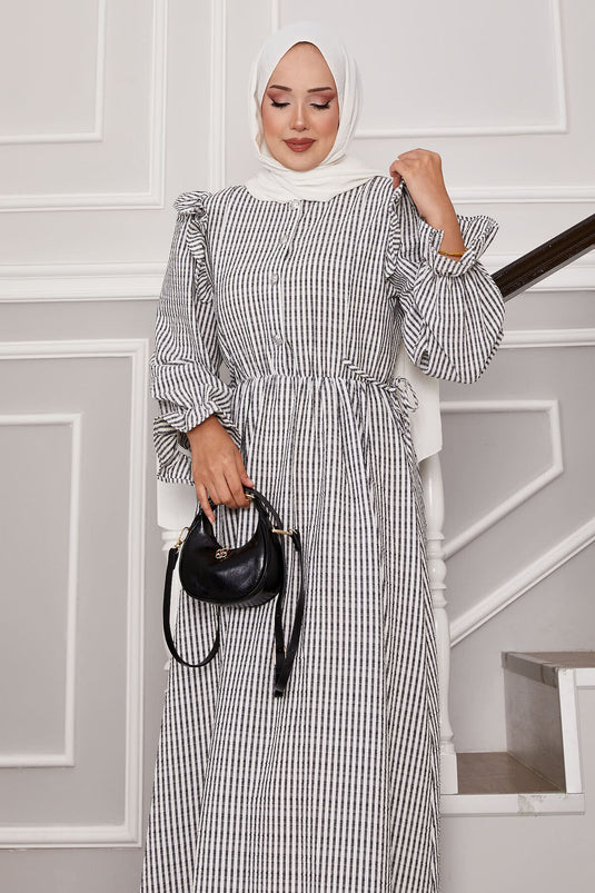 Ruffle Detailed Waist Tie Half Button Dress Black