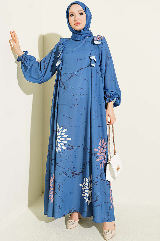 Rüschiges Blumenmuster Kleid In Blau