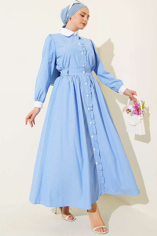 Two-Piece Set with Ruffled Detail and Striped Skirt, Blue