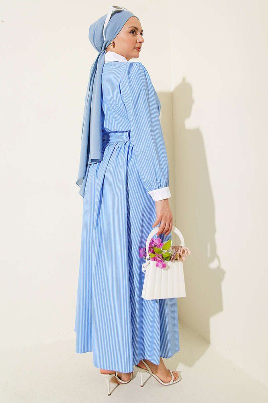 Two-Piece Set with Ruffled Detail and Striped Skirt, Blue