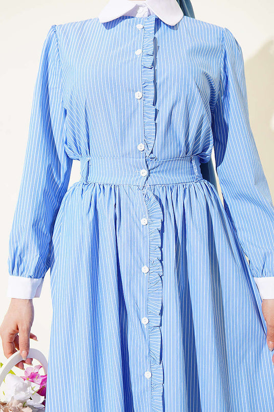 Two-Piece Set with Ruffled Detail and Striped Skirt, Blue