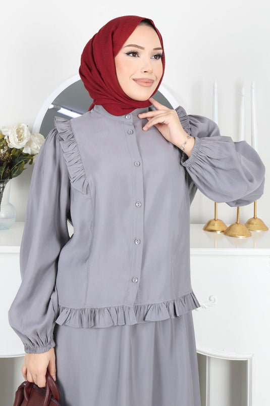 Set with Ruffled Detail, Buttoned Skirt, Gray