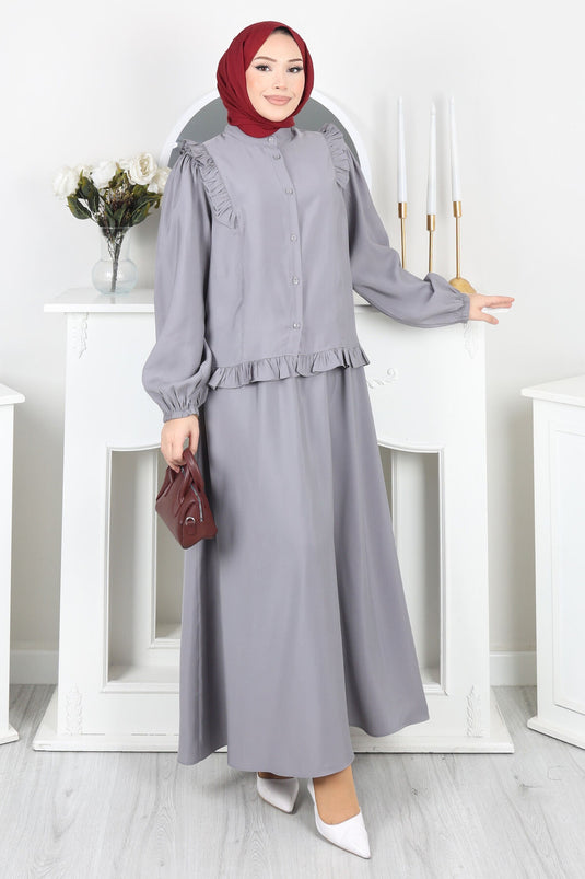 Set with Ruffled Detail, Buttoned Skirt, Gray
