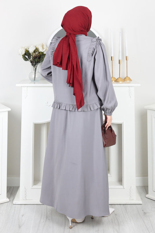 Set with Ruffled Detail, Buttoned Skirt, Gray