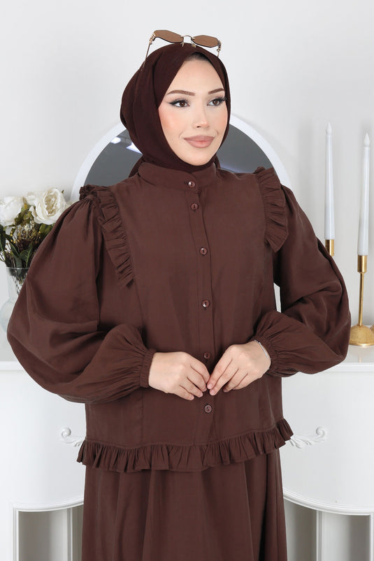 Ruffled Detail Buttoned Skirt Set Brown