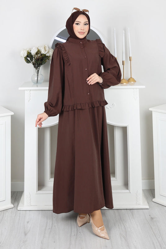 Ruffled Detail Buttoned Skirt Set Brown