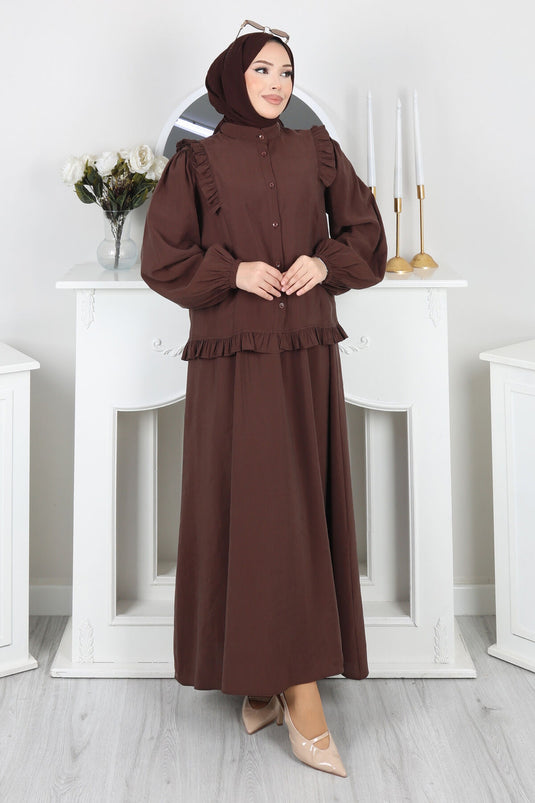 Ruffled Detail Buttoned Skirt Set Brown