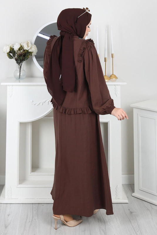 Ruffled Detail Buttoned Skirt Set Brown