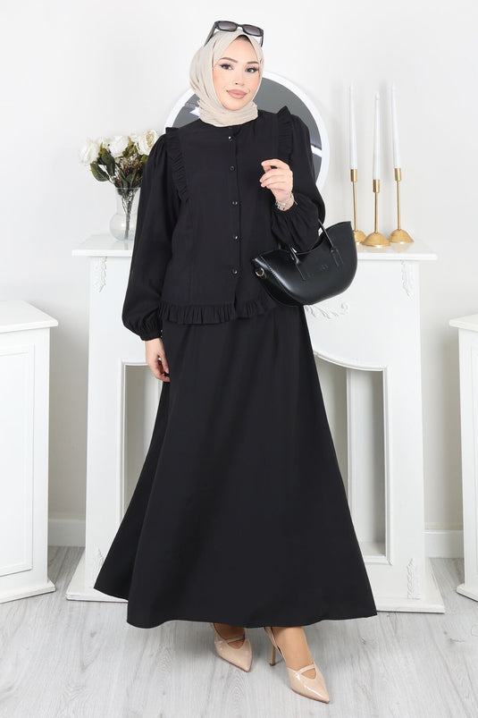 Set with Ruffled Detail, Buttoned Skirt, Black