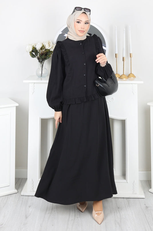 Set with Ruffled Detail, Buttoned Skirt, Black