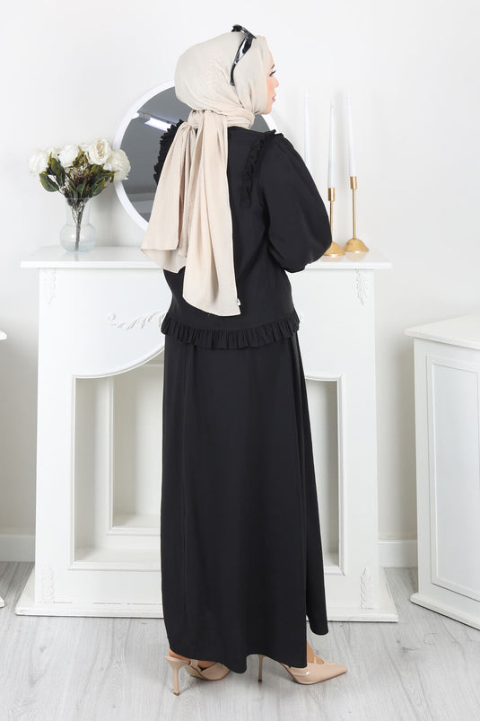 Set with Ruffled Detail, Buttoned Skirt, Black