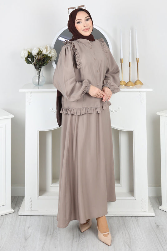 Set with Buttoned Skirt and Ruffle Detail, Mink Color