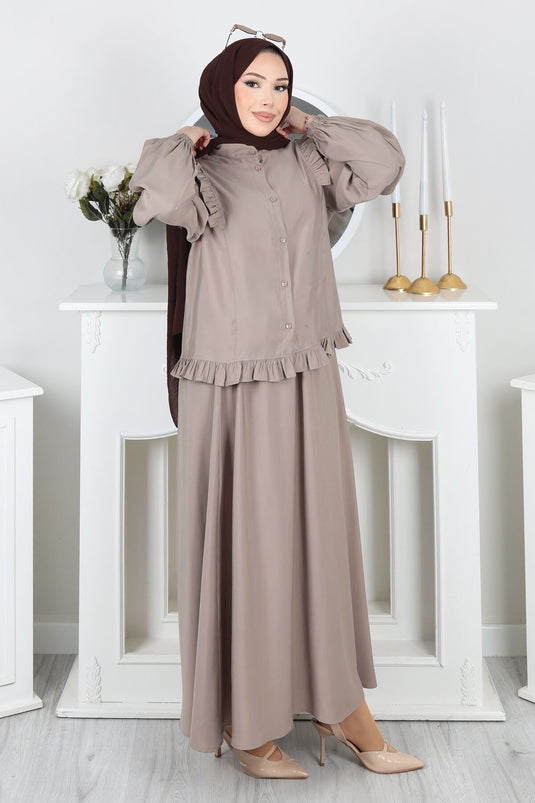 Set with Buttoned Skirt and Ruffle Detail, Mink Color