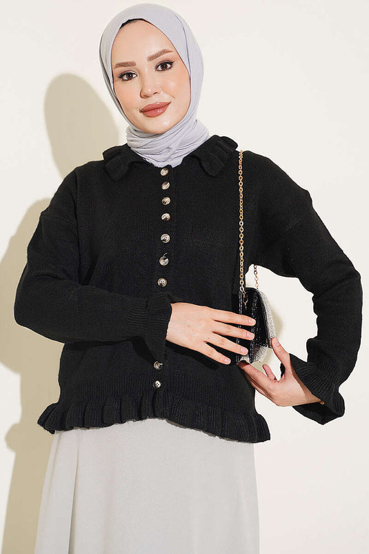 Schwarzer Strick-Cardigan Mit Rüschen Und Knöpfen