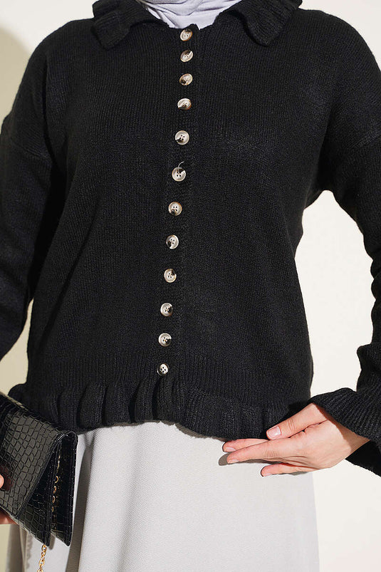 Schwarzer Strick-Cardigan Mit Rüschen Und Knöpfen