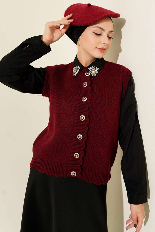 Fırfır Detaylı Düğmeli Triko Yelek Bordo