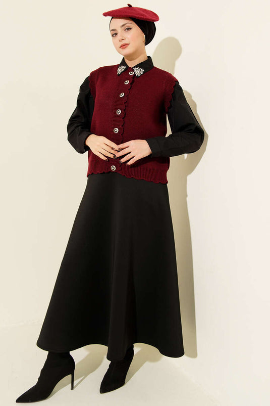 Fırfır Detaylı Düğmeli Triko Yelek Bordo