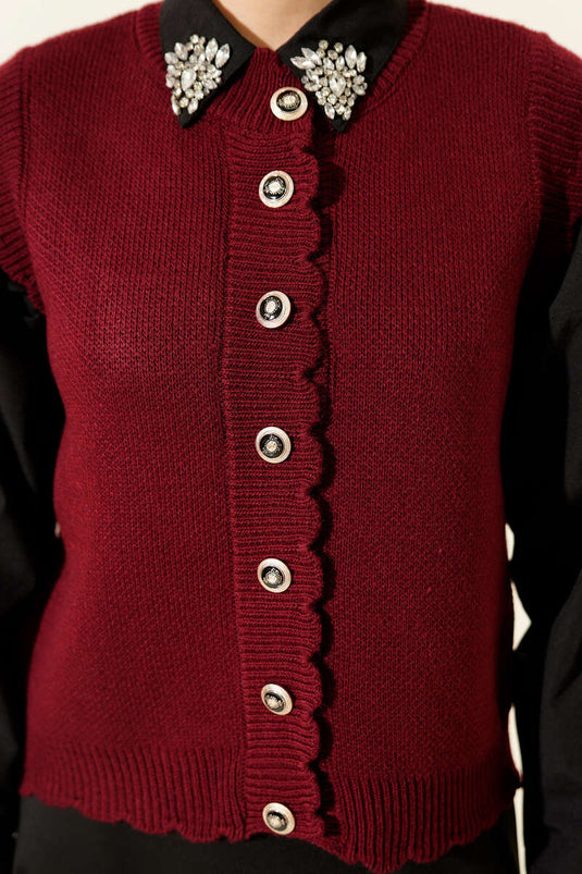 Fırfır Detaylı Düğmeli Triko Yelek Bordo