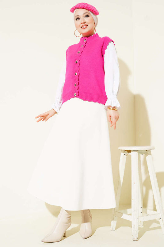 Ruffled Detail Buttoned Knit Vest Fuchsia