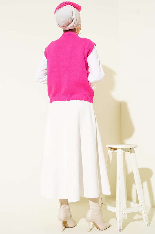 Ruffled Detail Buttoned Knit Vest Fuchsia