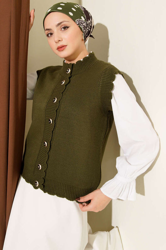 Fırfır Detaylı Düğmeli Triko Yelek Haki