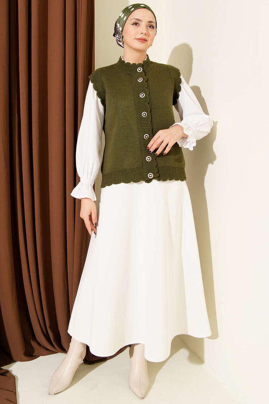 Fırfır Detaylı Düğmeli Triko Yelek Haki