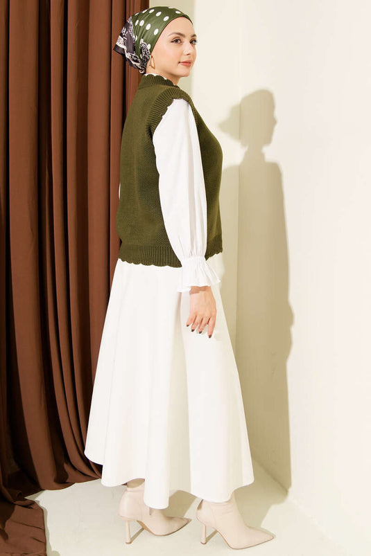 Fırfır Detaylı Düğmeli Triko Yelek Haki